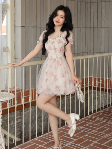 Sonicelife Japanese Fashion Coquette Dollette Soft Girl Aesthetic Floral Dress with Pearl Buttons