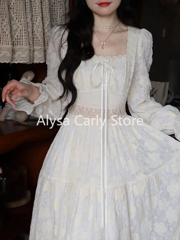Sonicelife  Elegant Vintage Fairy Dress Women Summer Long Sleeve Casual Princess Dress Female Court Retro Even Party Dress Korean Style