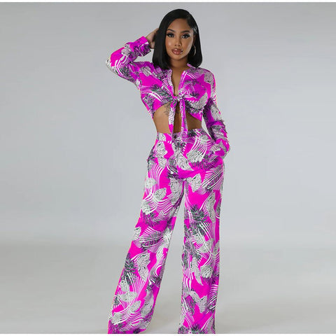 Sonicelife 2024 Autumn New Fall Outfits Fashion Printed Pants Two Piece Set For Women Lapel Long Sleeve Lace-up Shirt Top Loose Pant Suit Casual Lady Outfit