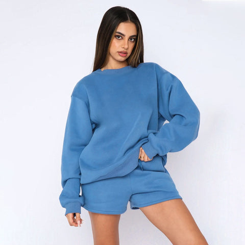 Sonicelife Tracksuit Women Two Piece Set Long Sleeve Sweatshirt Short Pants Autumn Outfits Cotton Solid Female Shorts Suit