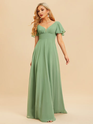 Elegant Evening Dresses Long A-LINE Short Sleeve V-neck Floor-Length 2023 Women Chiffon Simple Bridesmaid Party Dress
