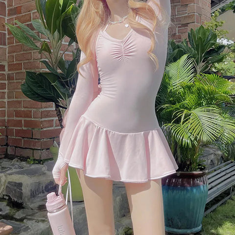 Sonicelife hoco dresses Womens Long Sleeve Low Rise Coquette Pink Dress