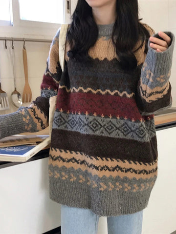 Sonicelife Vintage Sweater O-neck Pullover Women's Winter Tops Korean Style Long Sleeve Oversized Knit Jumpers Women Winter Clothing 2024