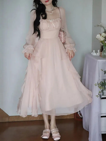 Sonicelife   Summer Pink Chiffon Vintage Fairy Dress Women Korean Style Elegant Party Midi Dress Female Court Retro Flare Sleeve Dresses