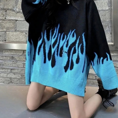 Sonicelife  Gothic Streetwear Purple Fire Printed Knitted Sweater Women Harajuku Hippie Vintage O-Neck Oversize Long Sleeve Jumper