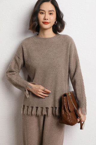 Sonicelife 2024 Autumn and Winter New Women's Tassel Short Round Neck Pullover Hollow Cashmere Sweater