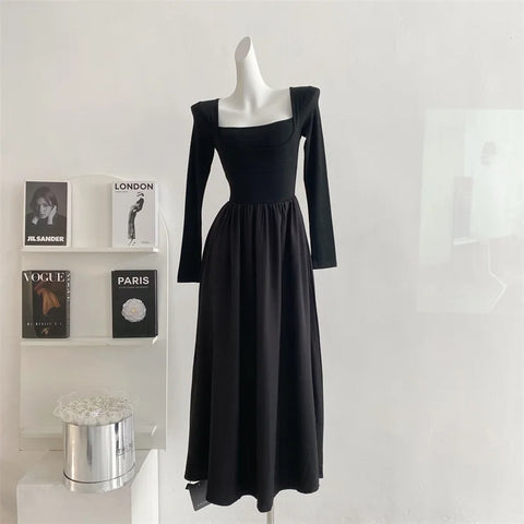 Sonicelife   -  Women Fake Two Piece Dress Solid Color Long Sleeves Square Collar Midi Dress Spring Autumn Elegant French Style Slim Waist Dress