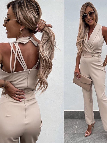 Sonicelife   Slim Design Waist Chain Office Ladies Rompers Elegant Solid V Neck Women Jumpsuit Fashion Sleeveless Commute Playsuits 2024