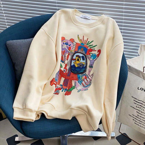 Sonicelife Long Sleeve Korean Fashion Style Streetwear Oversized Winter Autumn Warm Fleece Graphic Pullover Crewneck Sweatshirt Women 2024