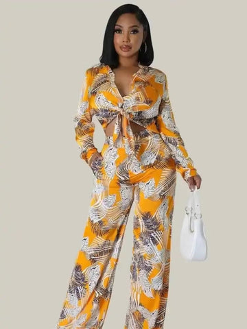 Sonicelife 2024 Autumn New Fall Outfits Fashion Printed Pants Two Piece Set For Women Lapel Long Sleeve Lace-up Shirt Top Loose Pant Suit Casual Lady Outfit