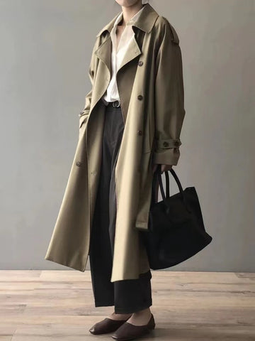 Sonicelife 2024 Autumn New Fall Outfits Classic Khaki Long Trench Coats Women Oversize Korean Fashion Belt Windbreaker Fall Spring Overcoat Double Breasted