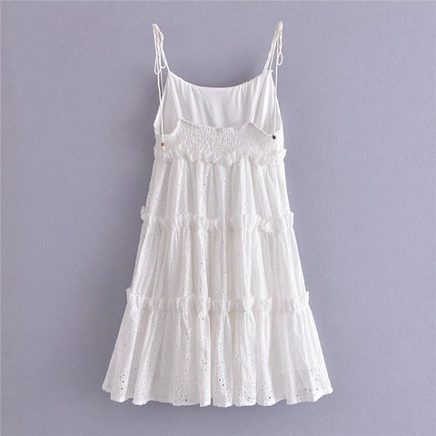 Back to school outfit Sonicelife  Summer Dresses For Women 2023 Women Flower Hollow Out White Lace Dress Cotton Fashion Lace Up Ruffles Short Mini Beach Dress 2023 Outfits