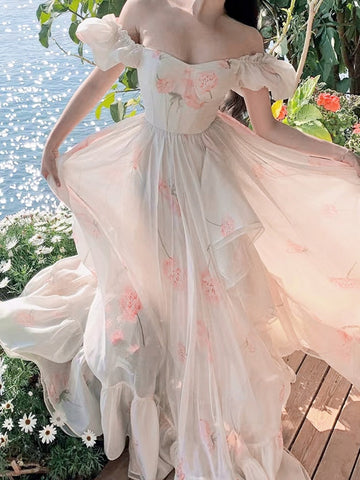 Sonicelife   Summer Floral Print Fairy Dress Women Sexy Slash Neck Puff Sleeve High Waist Midi Dress Beach Holiday Maxi Dresses Korean