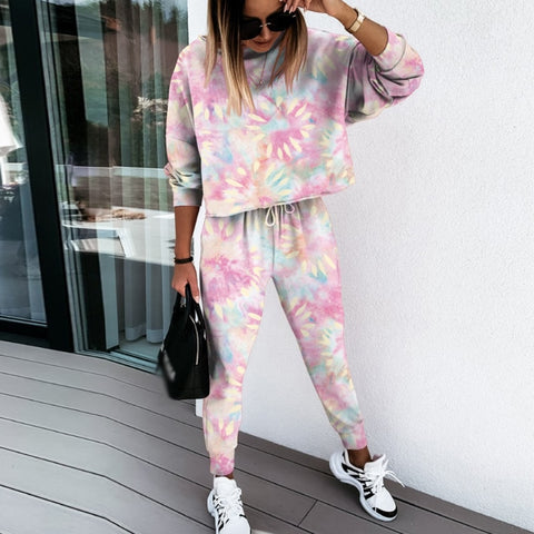 Sonicelife  Casual Commuter Women Tracksuits Two Piece Set New Vintage Chic Colorful Printed Outfits Fashion Sweatshirt Leggings Sports Suit