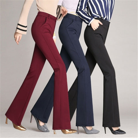 Sonicelife  Women Suit Pants Solid Long Trousers Plus Size High Waist Zipper Fly Button Casual Office Lady Navy Blue Boot Cut Pants