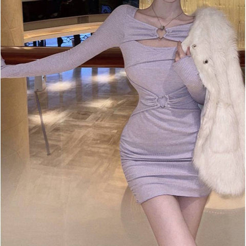 Sonicelife Coquette Aesthetic Balletcore Heart Belt Rib Knit Dress