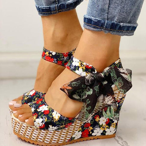 Sonicelife  Women Sandals Dot Bowknot Design Platform Wedge Female Casual High Increas Shoes Ladies Fashion Ankle Strap Open Toe Sandals