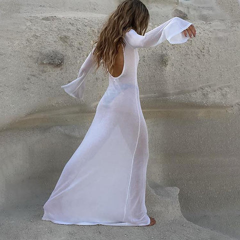 Sonicelife Early Autumn New Cross border Backless Long Sleeve Perspective Mesh Long Dress from Europe and America