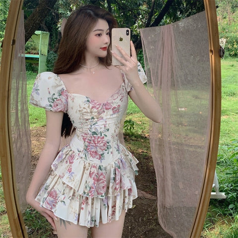 Sonicelife hoco dresses Summer French Romantic Floral Mini Romper Square Collar Flowers Printed Chiffon Tiered Playsuit Cute Kawaii Feminine Romper  Fairy Dress