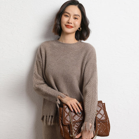 Sonicelife 2024 Autumn and Winter New Women's Tassel Short Round Neck Pullover Hollow Cashmere Sweater