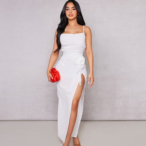 Sonicelife  New Fashion Stitching Flowers Sexy Mid Slit Slim Solid Color Camisole Dress Club Party Dress Vestidos