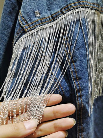 Sonicelife Spring Autumn Denim Jacket Women Fashion Bead Tassel Dolman Sleeve Vintage Jacket Casual Women Coat Party Stage Costumes Y2K