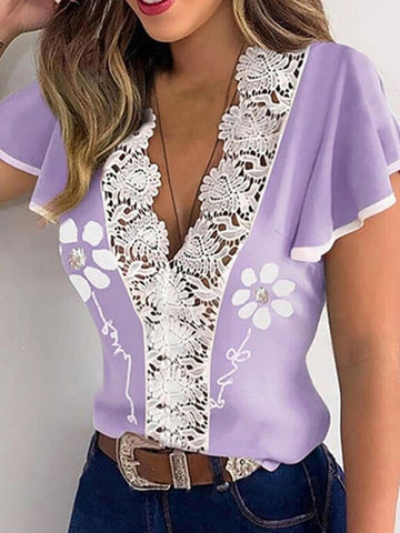 Sonicelife  Summer Harajuku  Women Lace Blouses Shirt Casual Commute Short Sleeve Floral Print Tops Chic Hollow V-Neck Slim Blusas Mujer