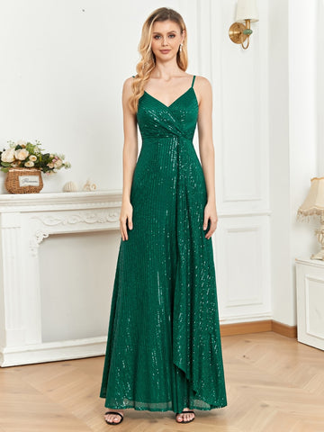 Sonicelife Elegant Green Sequins V Neck Evening Dress Guest Wedding Party Maxi Formal Dress 2024 Women Long Prom Cocktail Dress