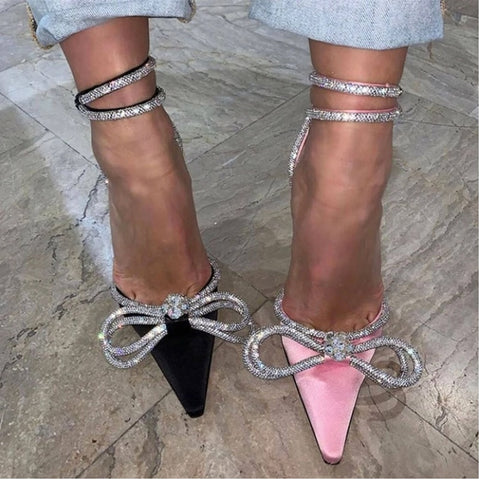 Sonicelife Rhinestones Bowknot Sandals For Women  Buckle Strap Ladies High Heel Pumps Pointed Toe Silk Fashion 2023 Female Shoes Summer