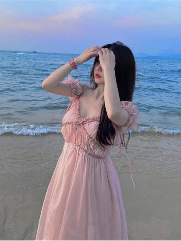 Sonicelife Kawaii Aesthetic Coquette Dollette Mermaidcore Summer Pink Midi Dress