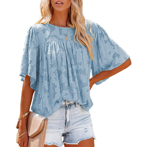 Sonicelife  2024 Women Floral Chiffon Blouses O Neck Flare Short Sleeves Hollow Loose Casual Solid Tops Pullover Office Lady Blouse