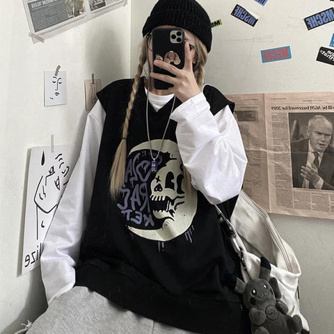 Sonicelife  Gothic Streetwear Skeleton Print Oversize Black Sweatshirt Vest Women Punk Harajuku Hippie V-Neck Grey Pullover Female