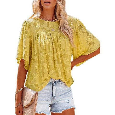 Sonicelife  2024 Women Floral Chiffon Blouses O Neck Flare Short Sleeves Hollow Loose Casual Solid Tops Pullover Office Lady Blouse