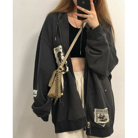 Black Friday Sonicelife Grunge Gothic Emo Hoodie Women Oversize Harajuku Streetwear Black Patchwork Sweatshirts Vintage Style Autumn Zipper Top