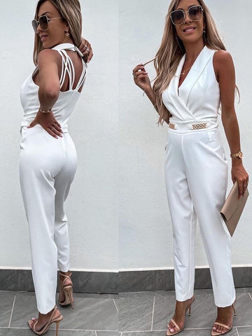 Sonicelife   Slim Design Waist Chain Office Ladies Rompers Elegant Solid V Neck Women Jumpsuit Fashion Sleeveless Commute Playsuits 2024