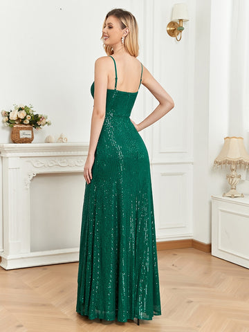 Sonicelife Elegant Green Sequins V Neck Evening Dress Guest Wedding Party Maxi Formal Dress 2024 Women Long Prom Cocktail Dress