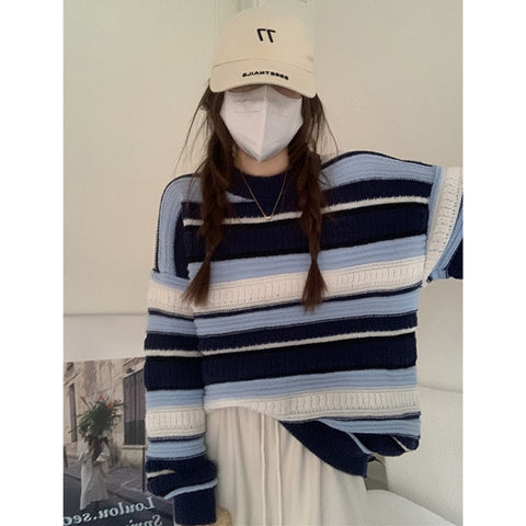 Sonicelife Shellsuning Autumn Winter New Lazy O-neck Striped Knitted Sweater Women Loose Pullover Warm Jumpers Female Vintage Leisure Tops