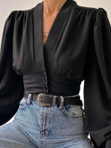 Sonicelife Black Shirts Spring Autumn V-neck Lantern Long Sleeve Crop Top Elegant Short Tunic Blouse Fashion Women Clothing Female Coquette