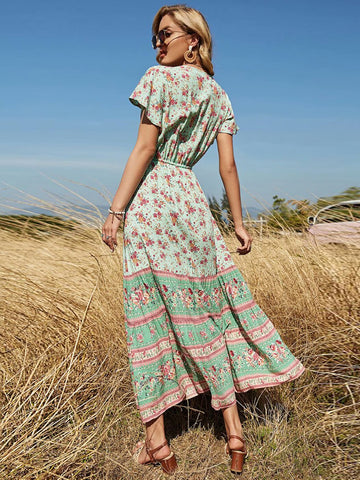 V-Neck Short Sleeve Summer Dress Floral Printed Bohemian Maxi Dresses Casual Beach Women Clothing 2023 Female Vestidos
