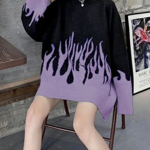 Sonicelife  Gothic Streetwear Purple Fire Printed Knitted Sweater Women Harajuku Hippie Vintage O-Neck Oversize Long Sleeve Jumper