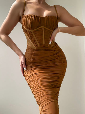 Sonicelife Long Evening Party Dresses Mesh Wedding Guest Dinner Maxi Dress  Elegant Ruched Spaghetti Strap Dresses For Women 2024 Lined