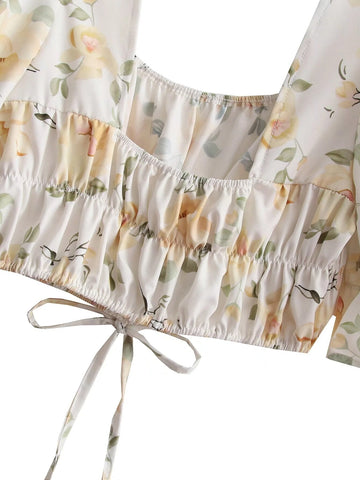 Sonicelife hoco dresses 2024 New  Retro Floral Print Women Summer Boho Dress Set Suits Vintage Blouse Two Pieces Matching Sets White Beach Mini Dress