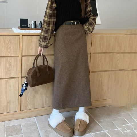 Sonicelife   Woolen Long Skirt Women Korean Style High Waist Straight Office Lady Elegant Vintage Warm Midi Skirt with Slit Winter