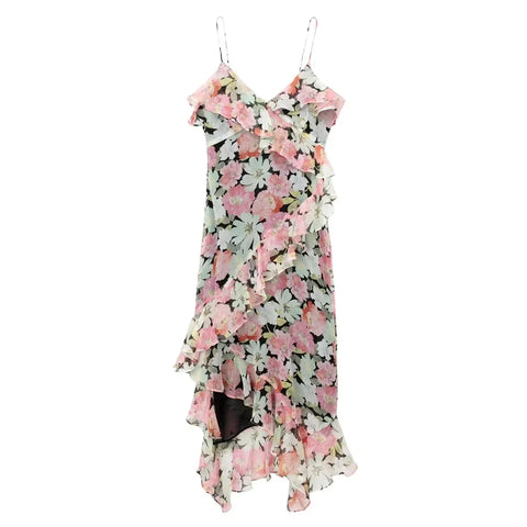 Sonicelife   Elegant Floral Printed Women's Irregular Midi Dress Sexy Backless Ruffles Pleat Dresses Robe Fashion Female High Streetwear
