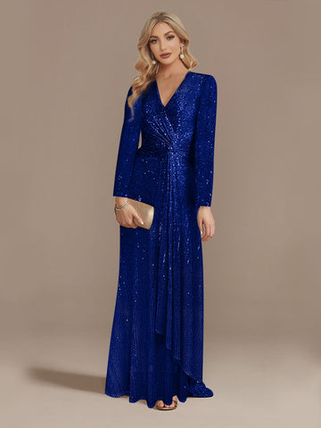 Luxury Long Sleeve V-Neck Evening Dress 2023 Party Women Wedding Sequins For Female Guests Blue Prom Cocktail Dresses