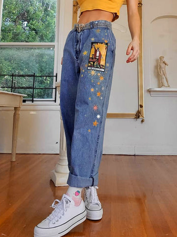 Sonicelife Womens Jeans Star Cartoons Pattern Printed 2024 Autumn Winter Denim Trousers fit Young Girl Vintage Cute female Jeans Pant Blue