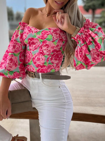 Back to school outfit Sonicelife  Fashion Off Shoulder Party Women Blouses Tops New Elegant Lantern Sleeve Blusa Mujer Spring Summer  Strapless Printed Shirts