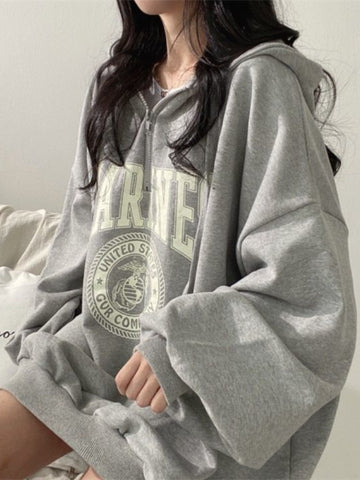 Sonicelife Hip Hop Zip Up Oversized Hoodies Women Harajuku Letter Print Sweatshirts Gray Vintage Long Sleeve Casual Tops Grunge