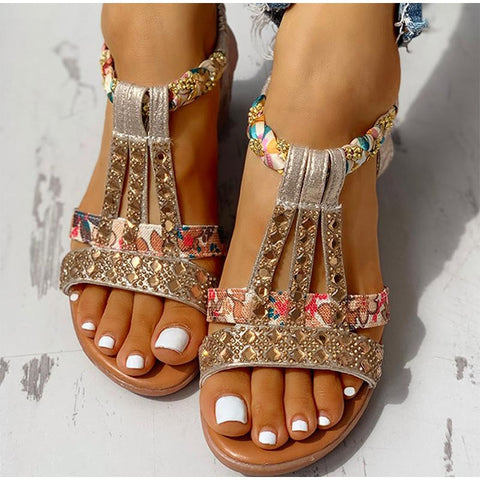 Sonicelife Women's Sandals Summer Bohemia Platform Wedges Shoes Crystal Gladiator Rome Woman Beach Shoes Casual Elastic Band Female