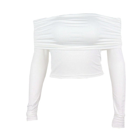 Off-shoulder Long Sleeve White Top Women 2023 Spring  Slim Fit Ruched T-shirt Casual Basics Clothes Vest
